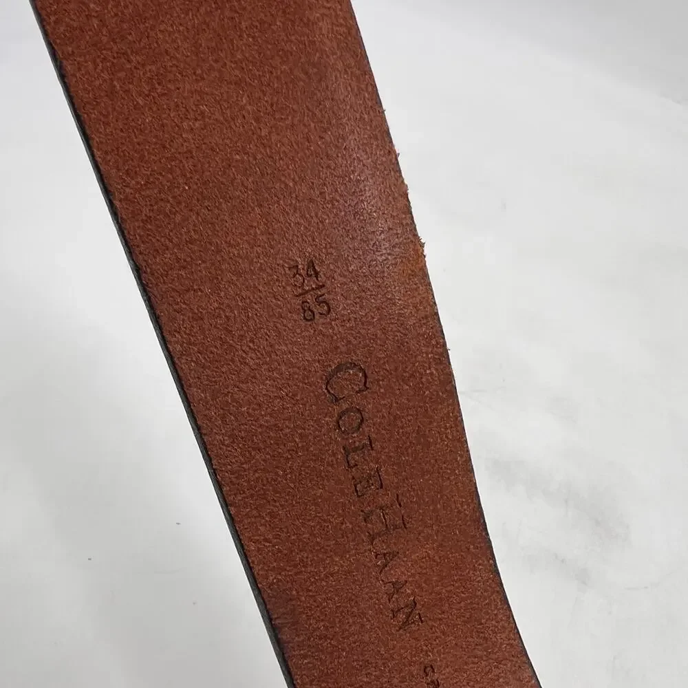 Cole Haan Belt Mens 34 Brown Leather Silver Center Bar Pin Buckle Dress Casual